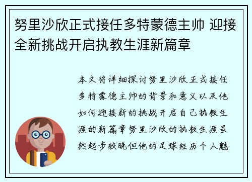努里沙欣正式接任多特蒙德主帅 迎接全新挑战开启执教生涯新篇章
