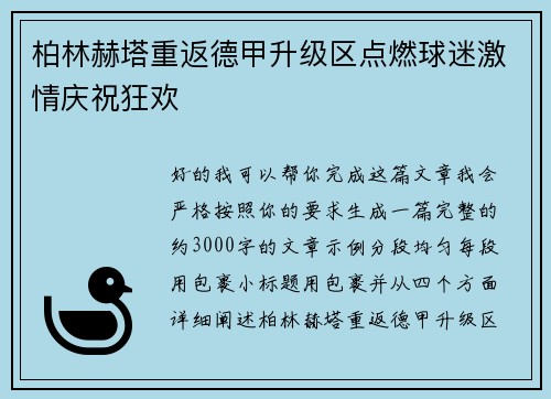 柏林赫塔重返德甲升级区点燃球迷激情庆祝狂欢