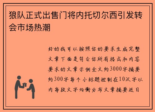 狼队正式出售门将内托切尔西引发转会市场热潮